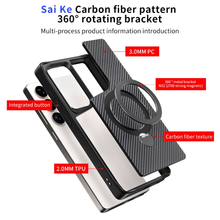 For Samsung Galaxy S24 Ultra 5G Carbon Fiber Texture 360 MagSafe Holder Phone Case