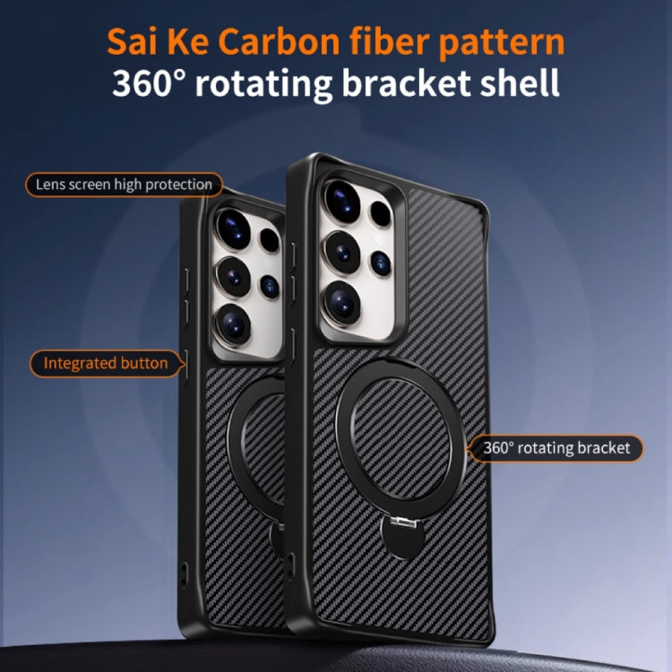 For Samsung Galaxy S25 Ultra 5G Carbon Fiber Texture 360 MagSafe Holder Phone Case