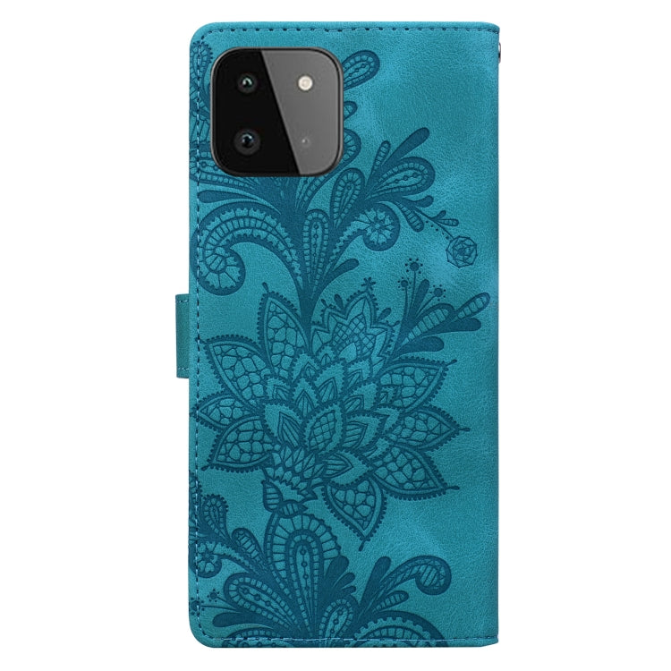 For Samsung Galaxy A22 5G Lace Floral Embossed Magnetic Buckle PU Phone Case With Wrist Strap