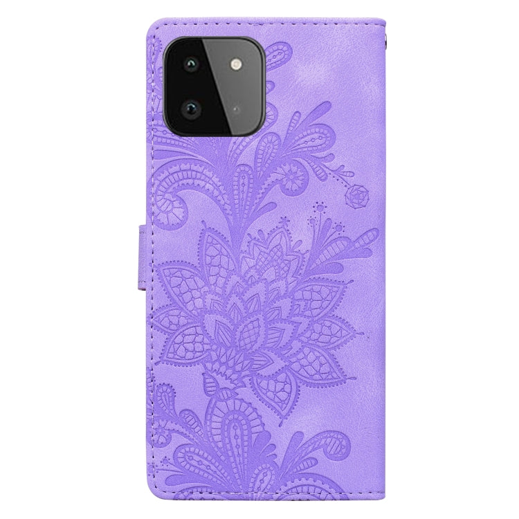 For Samsung Galaxy A22 5G Lace Floral Embossed Magnetic Buckle PU Phone Case With Wrist Strap