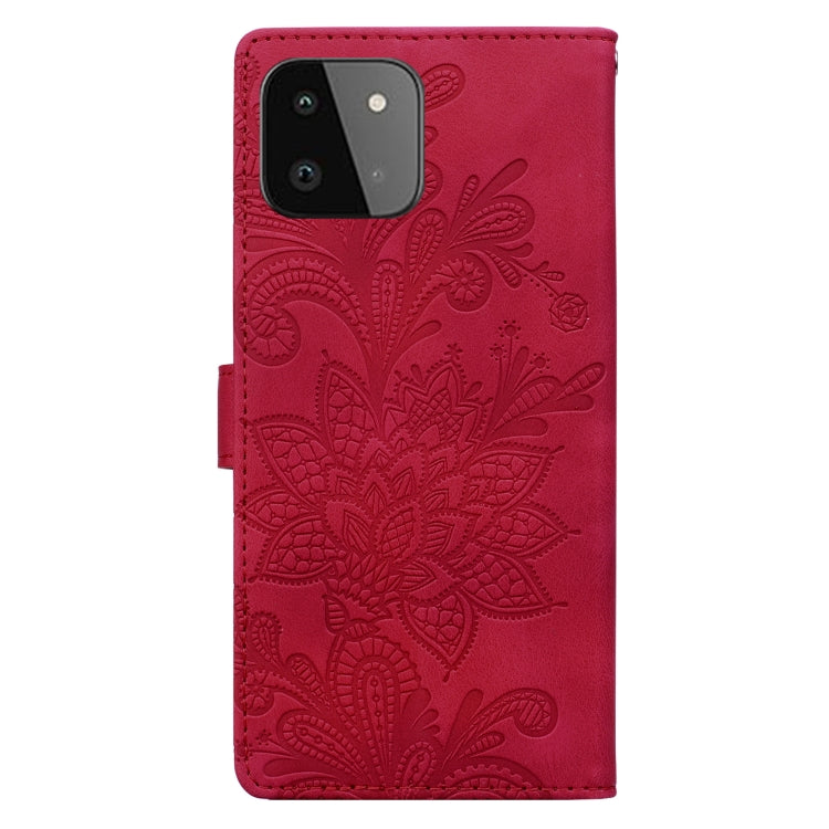 For Samsung Galaxy A22 5G Lace Floral Embossed Magnetic Buckle PU Phone Case With Wrist Strap