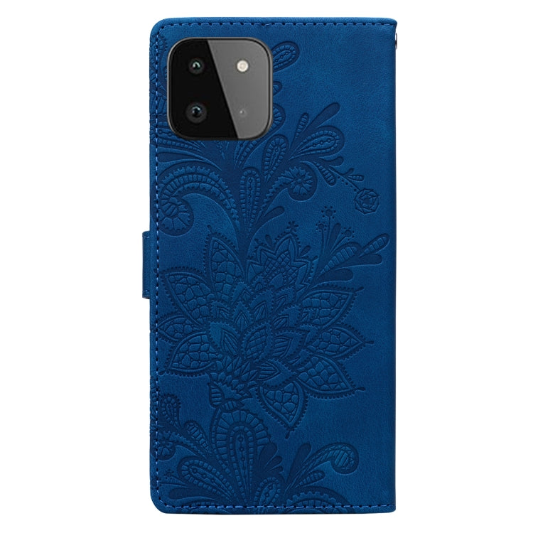 For Samsung Galaxy A22 5G Lace Floral Embossed Magnetic Buckle PU Phone Case With Wrist Strap