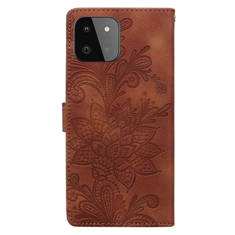For Samsung Galaxy A22 5G Lace Floral Embossed Magnetic Buckle PU Phone Case With Wrist Strap
