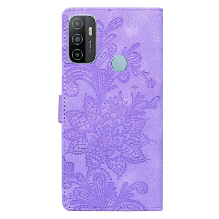 For Samsung Galaxy A33 5G Lace Floral Embossed Magnetic Buckle PU Phone Case With Wrist Strap