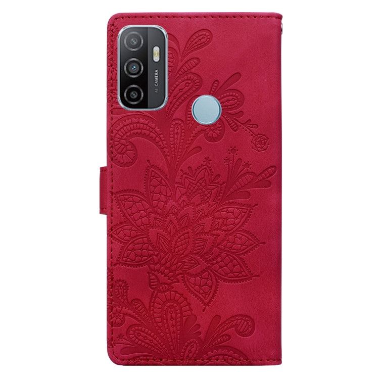 For Samsung Galaxy A33 5G Lace Floral Embossed Magnetic Buckle PU Phone Case With Wrist Strap