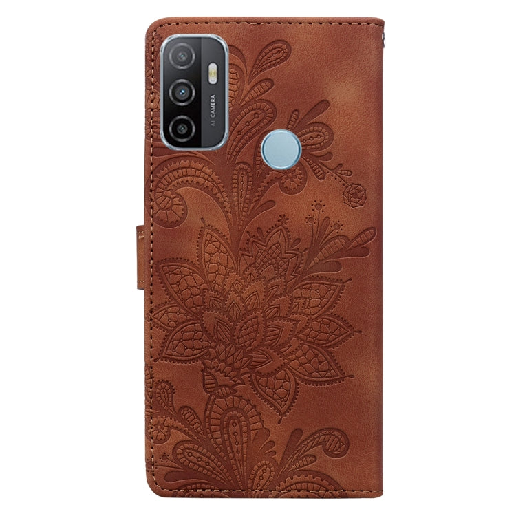 For Samsung Galaxy A33 5G Lace Floral Embossed Magnetic Buckle PU Phone Case With Wrist Strap