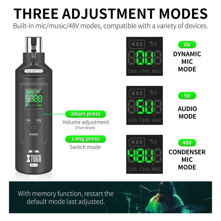 XTUGA SF-1 Wireless XLR Transmitter & Receiver UHF Wireless Adapter for Wired Mic / Guitar - Black