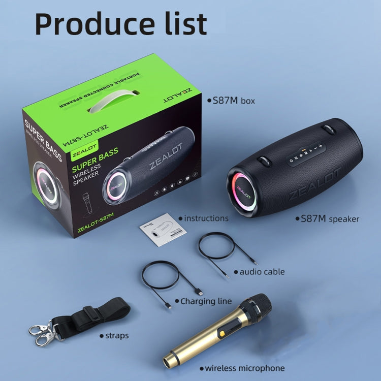 Zealot S87M 80W Portable Outdoor RGB Bluetooth Speaker with Microphone - Black
