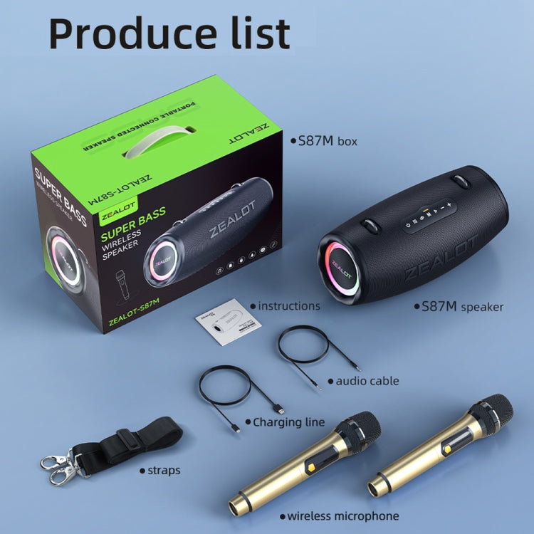 Zealot S87M 80W Portable Outdoor RGB Bluetooth Speaker with Dual Microphones - Black