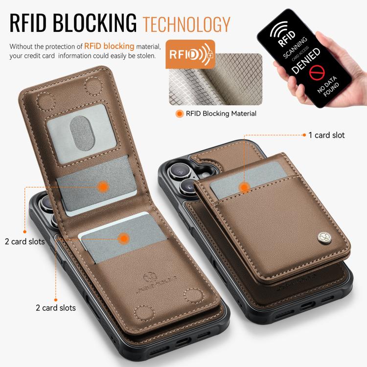For iPhone 16 JEEHOOD J06 British Style RFID MagSafe Card Bag PU Phone Case