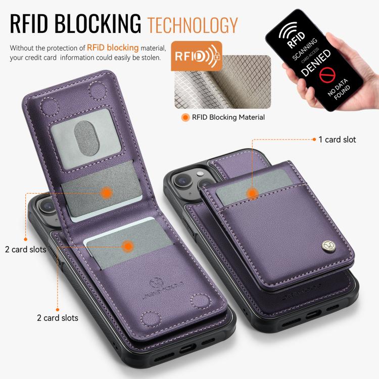 For iPhone 14 Plus JEEHOOD J06 British Style RFID MagSafe Card Bag PU Phone Case