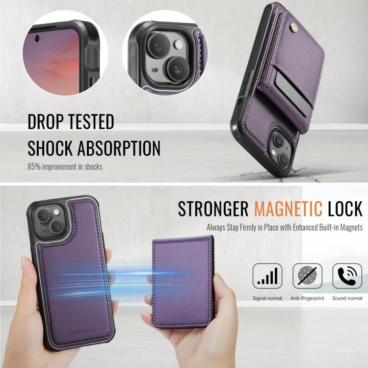 For iPhone 14 Plus JEEHOOD J06 British Style RFID MagSafe Card Bag PU Phone Case
