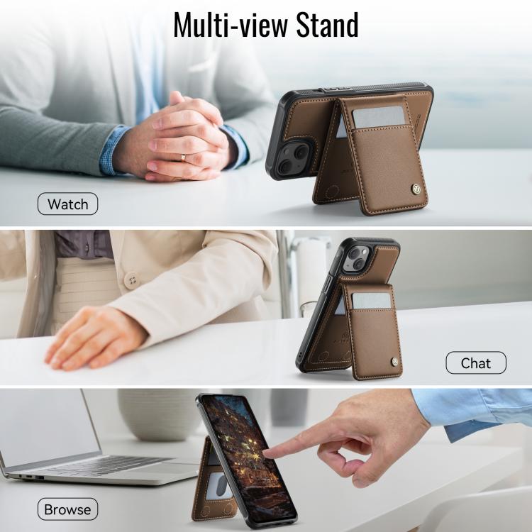For iPhone 14 Plus JEEHOOD J06 British Style RFID MagSafe Card Bag PU Phone Case