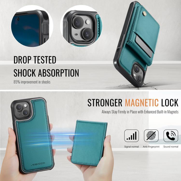 For iPhone 14 Plus JEEHOOD J06 British Style RFID MagSafe Card Bag PU Phone Case