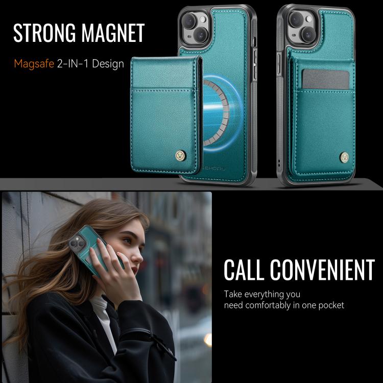 For iPhone 14 Plus JEEHOOD J06 British Style RFID MagSafe Card Bag PU Phone Case