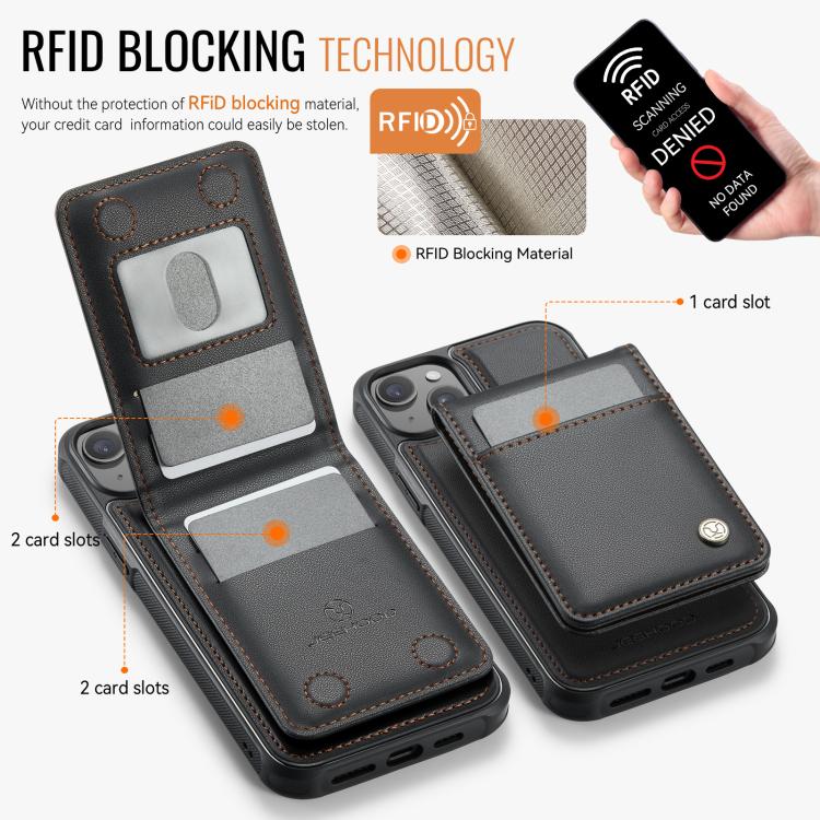 For iPhone 14 Plus JEEHOOD J06 British Style RFID MagSafe Card Bag PU Phone Case