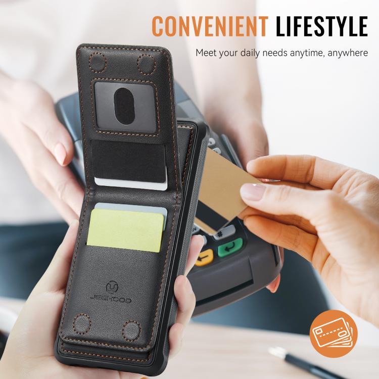 For iPhone 14 Plus JEEHOOD J06 British Style RFID MagSafe Card Bag PU Phone Case