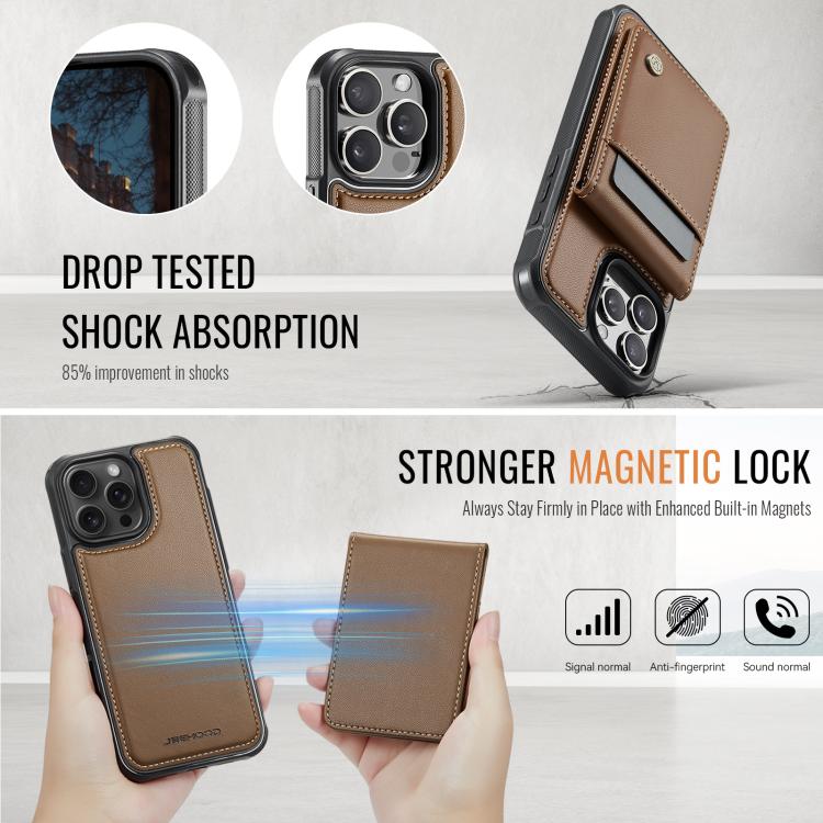 For iPhone 15 Pro Max JEEHOOD J06 British Style RFID MagSafe Card Bag PU Phone Case