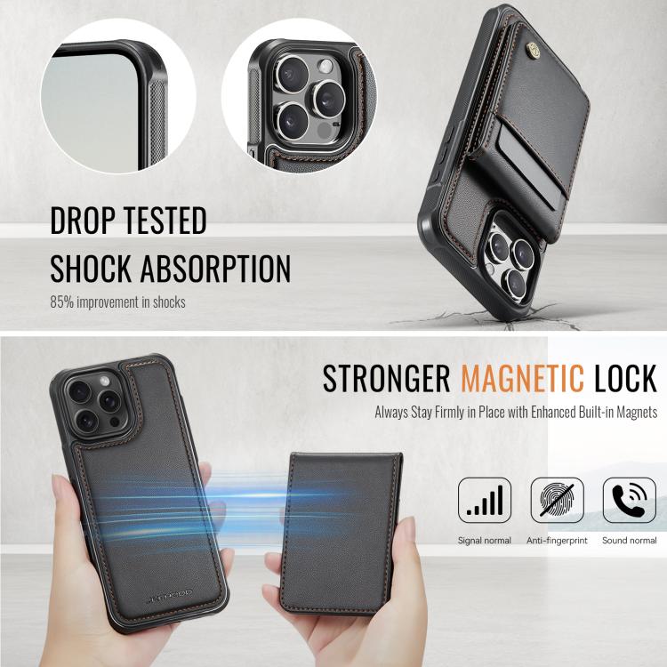 For iPhone 15 Pro Max JEEHOOD J06 British Style RFID MagSafe Card Bag PU Phone Case