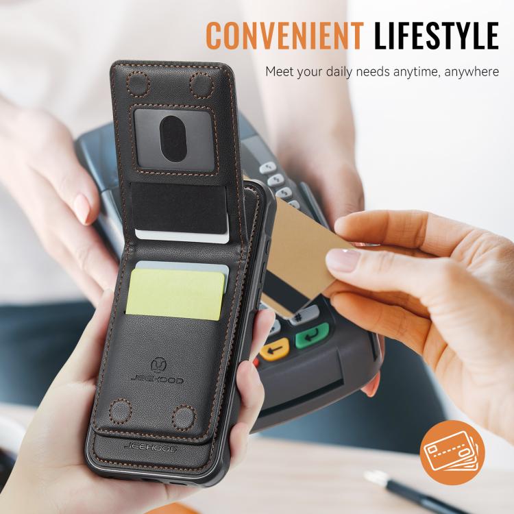 For iPhone 15 Pro Max JEEHOOD J06 British Style RFID MagSafe Card Bag PU Phone Case