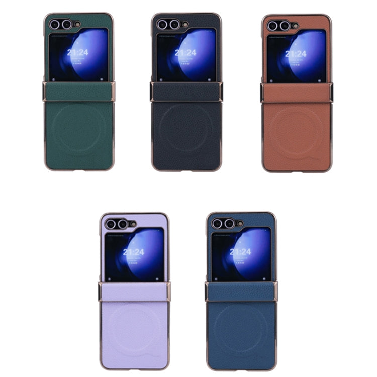 For Samsung Galaxy Z Flip5 Three Parts MagSafe Litchi Texture Fold Phone Case