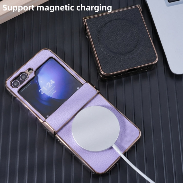 For Samsung Galaxy Z Flip5 Three Parts MagSafe Litchi Texture Fold Phone Case
