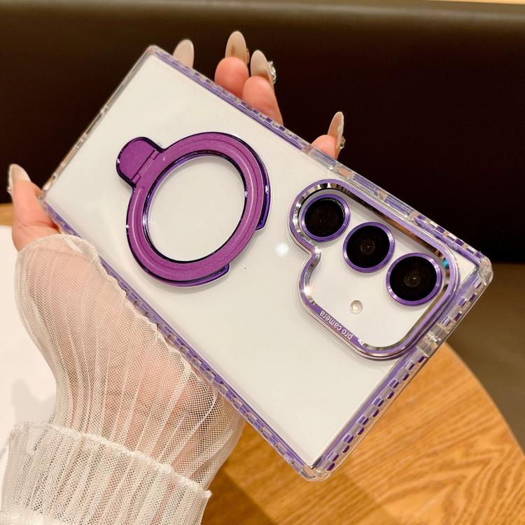 For Samsung Galaxy S24 5G Transparent MagSafe Holder Phone Case with Lens Film