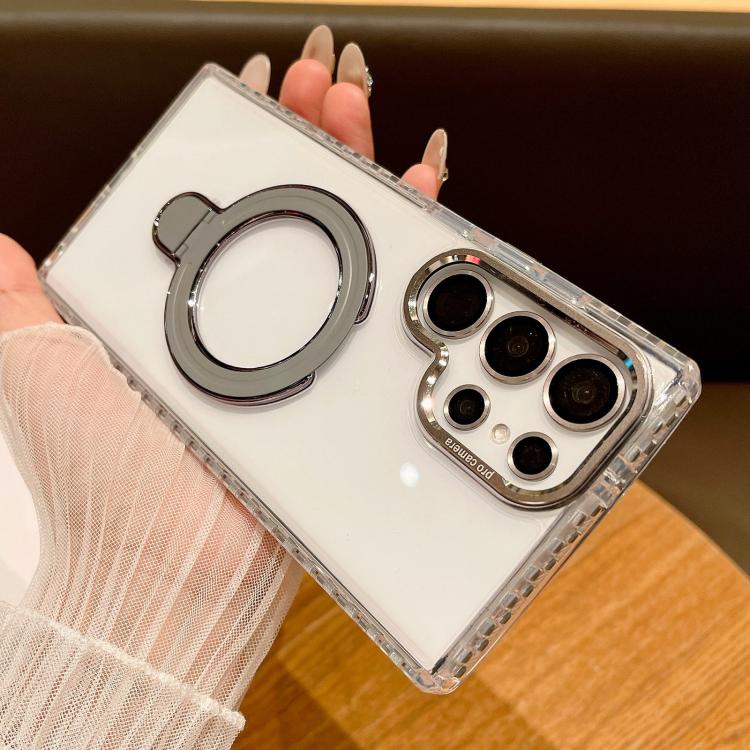 For Samsung Galaxy S24 Ultra 5G Transparent MagSafe Holder Phone Case with Lens Film
