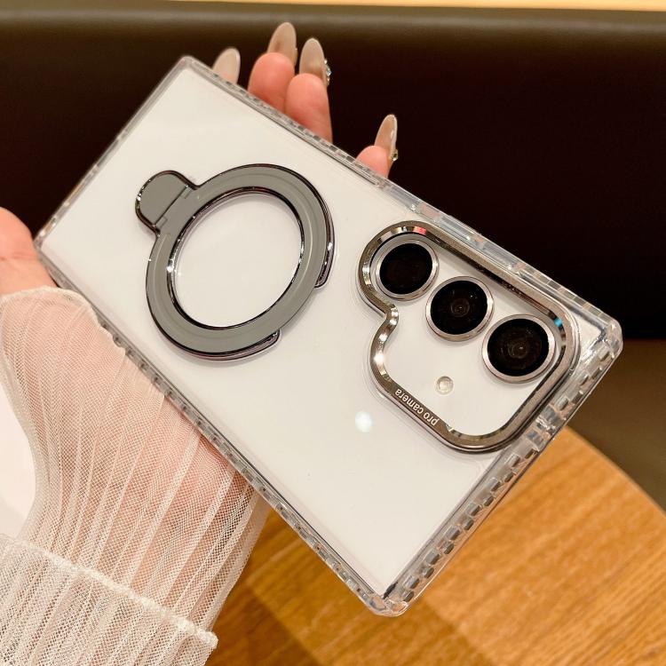For Samsung Galaxy S25 5G Transparent MagSafe Holder Phone Case with Lens Film