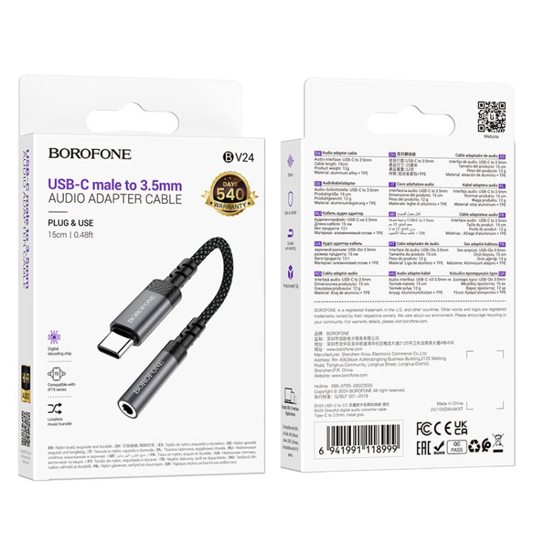 Borofone BV24 15cm Graceful Type-C to 3.5mm Digital Audio Converter Cable - Metal Grey