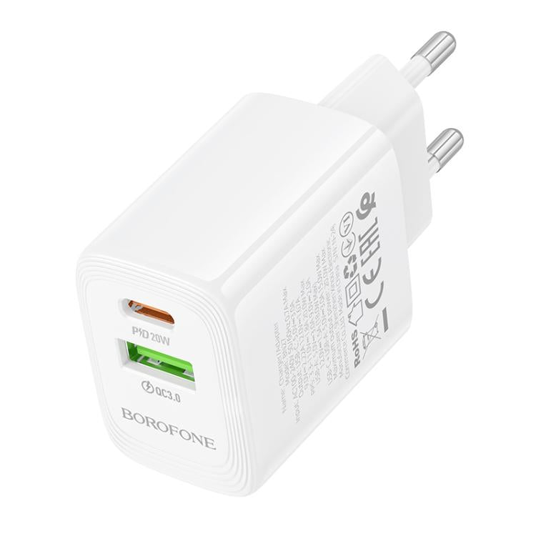 Borofone BN27 Fuente PD20W Type-C + QC3.0 USB Charger, EU Plug - White