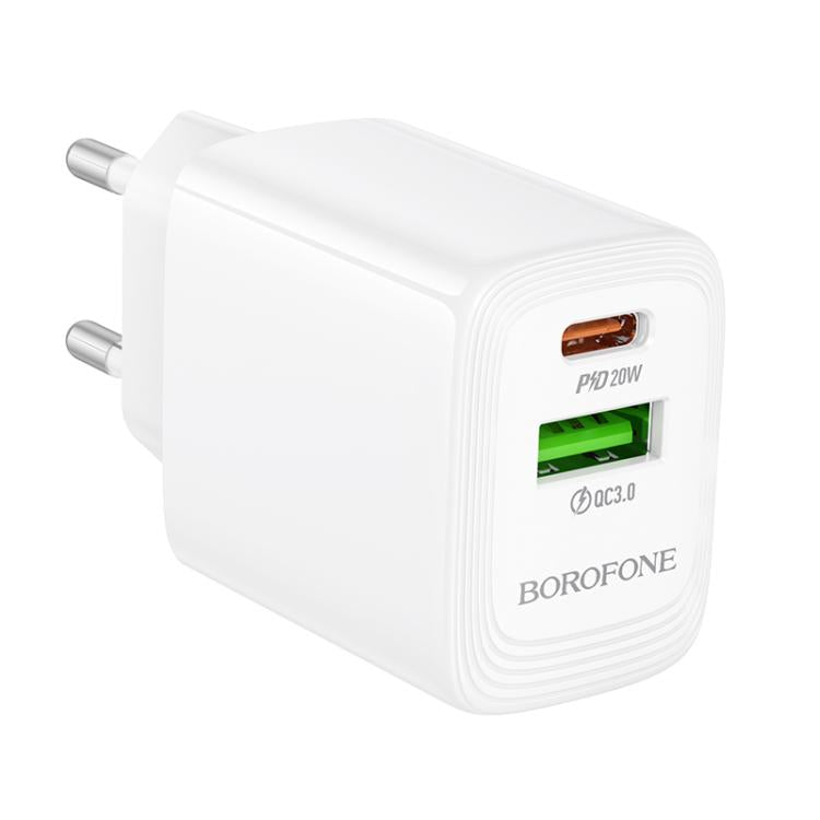 Borofone BN27 Fuente PD20W Type-C + QC3.0 USB Charger, EU Plug - White