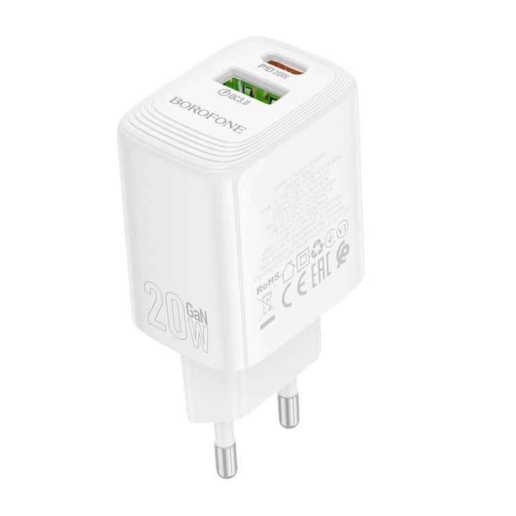 Borofone BN27 Fuente PD20W Type-C + QC3.0 USB Charger, EU Plug - White