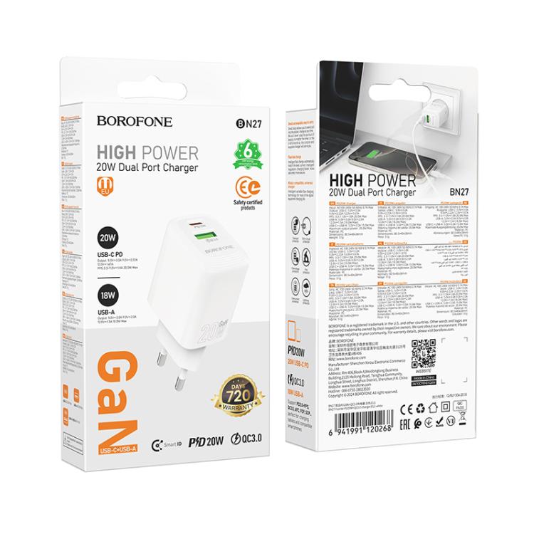 Borofone BN27 Fuente PD20W Type-C + QC3.0 USB Charger, EU Plug - White
