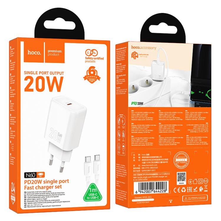 hoco N60 PD20W Type-C Charger Set with 1m Type-C to Type-C Cable, Specification:EU Plug