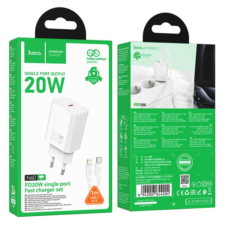 hoco N60 PD20W Type-C Charger Set with 1m Type-C to 8 Pin Cable, Specification:EU Plug