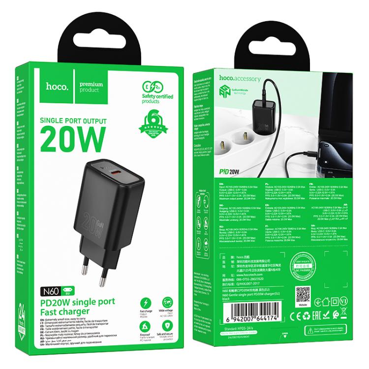 hoco N60 PD20W Type-C Single Port Charger, Specification:EU Plug