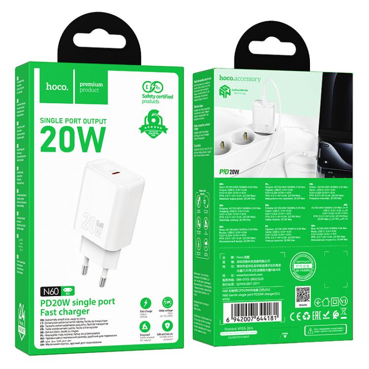 hoco N60 PD20W Type-C Single Port Charger, Specification:EU Plug