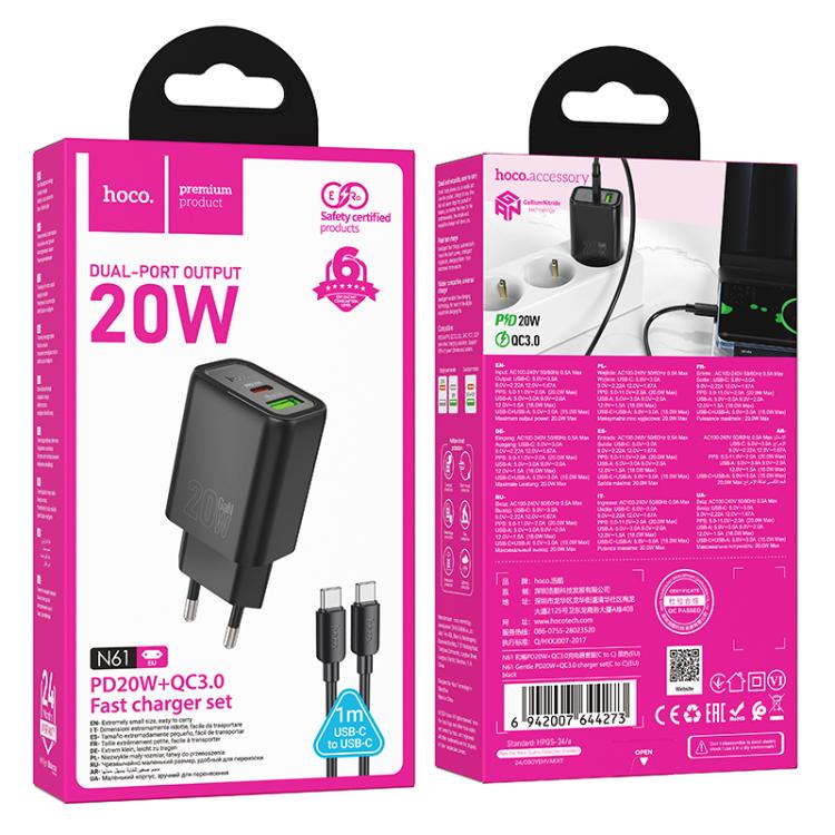 hoco N61 PD20W+QC3.0 Charger Set with 1m Type-C to Type-C Cable, Specification:EU Plug