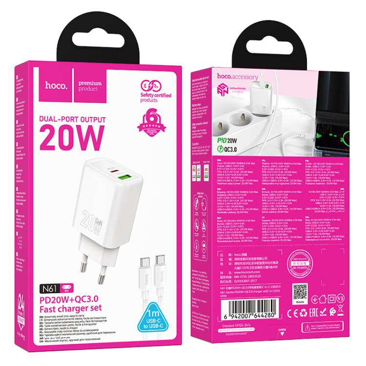 hoco N61 PD20W+QC3.0 Charger Set with 1m Type-C to Type-C Cable, Specification:EU Plug