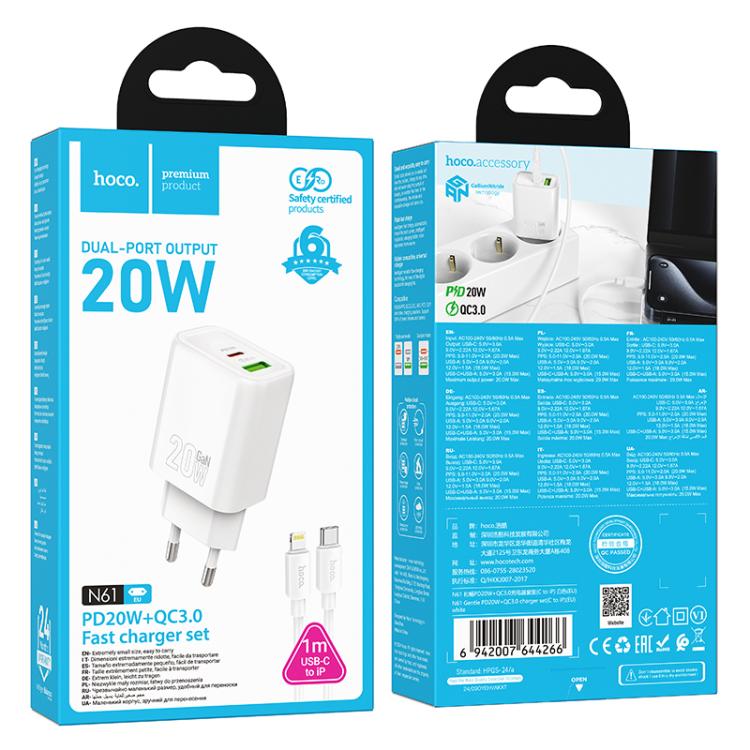 hoco N61 PD20W+QC3.0 Charger Set with 1m Type-C to 8 Pin Cable, Specification:EU Plug