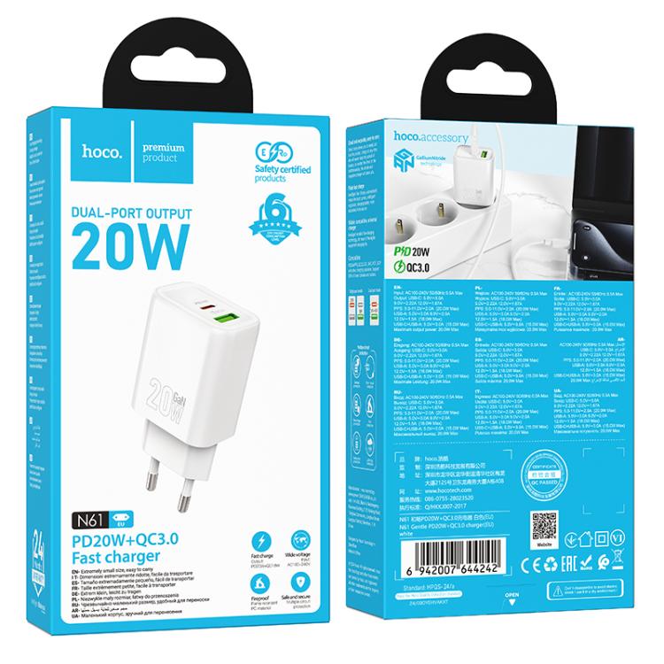 hoco N61 PD20W+QC3.0 Dual Port Charger, Specification:EU Plug