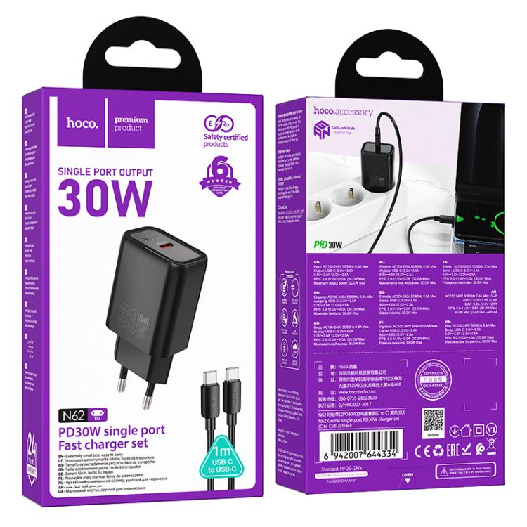 hoco N62 PD30W Type-C Charger Set with 1m Type-C to Type-C Cable, Specification:EU Plug