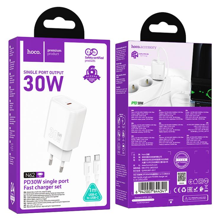 hoco N62 PD30W Type-C Charger Set with 1m Type-C to Type-C Cable, Specification:EU Plug