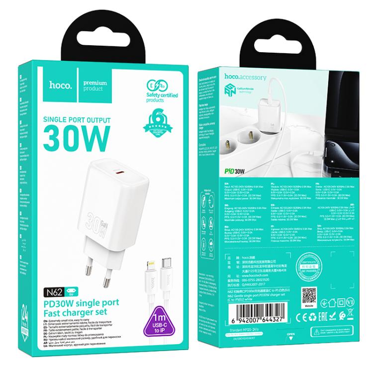 hoco N62 PD30W Type-C Charger Set with 1m Type-C to 8 Pin Cable, Specification:EU Plug