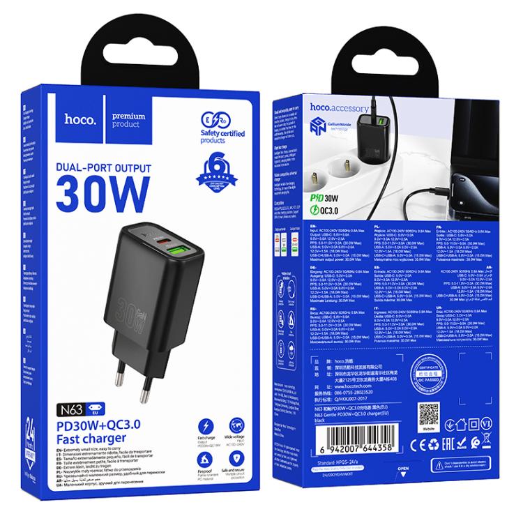 hoco N63 PD30W+QC3.0 Dual Port Charger, Specification:EU Plug