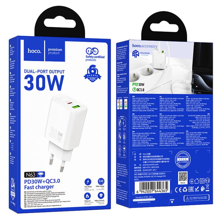 hoco N63 PD30W+QC3.0 Dual Port Charger, Specification:EU Plug