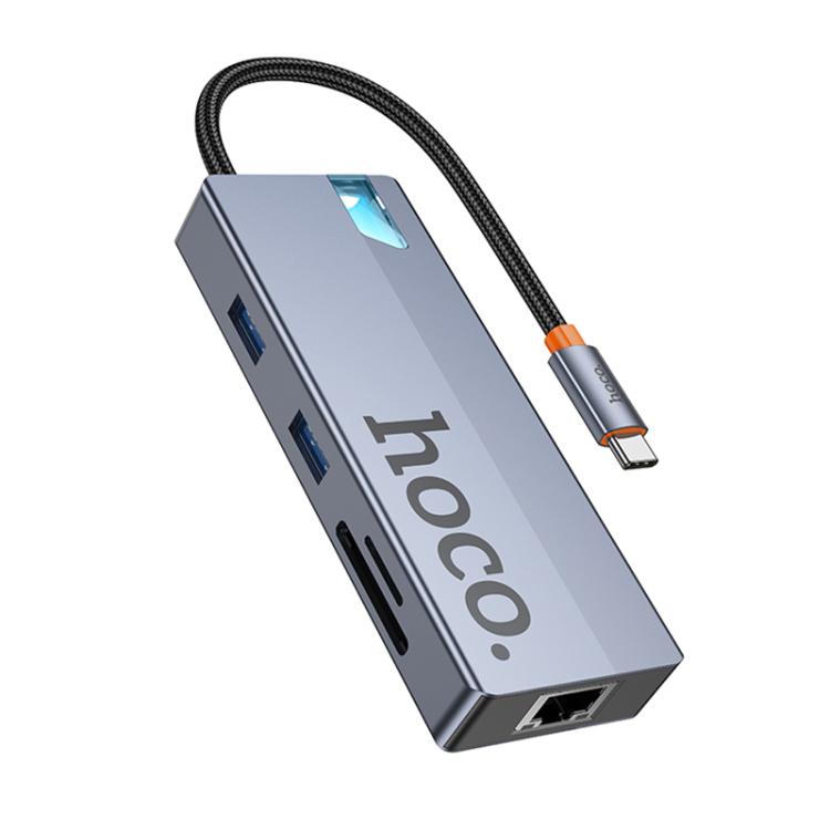 hoco HB52 Wow Type-C to HDTV, RJ45, PD, Type-C, 2xUSB3.0, SD, TF Card 8 in 1 Multi-function Converter - Dark Gray