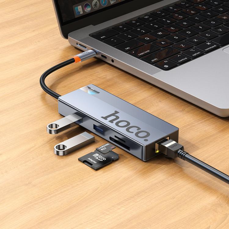 hoco HB52 Wow Type-C to HDTV, RJ45, PD, Type-C, 2xUSB3.0, SD, TF Card 8 in 1 Multi-function Converter - Dark Gray