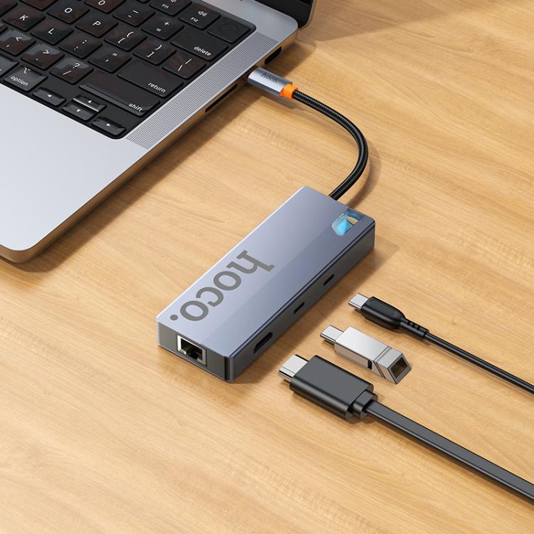 hoco HB52 Wow Type-C to HDTV, RJ45, PD, Type-C, 2xUSB3.0, SD, TF Card 8 in 1 Multi-function Converter - Dark Gray